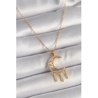 316L Çelik Gold Renk Zincir Zirkon Taşlı Hilal Model Sallantı Yaprak Detay Kadın Kolye TJ-BKO9650