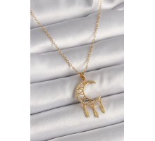 316L Çelik Gold Renk Zincir Zirkon Taşlı Hilal Model Sallantı Yaprak Detay Kadın Kolye - TJ-BKO9650