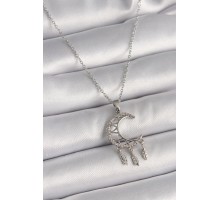 316L Çelik Gümüş Renk Zincir Zirkon Taşlı Hilal Model Sallantı Yaprak Detay Kadın Kolye - TJ-BKO9651