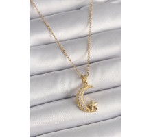 316L Çelik Gold Renk Zincir Zirkon Taşlı Hilal Model Yıldız Detay Kadın Kolye - TJ-BKO9654