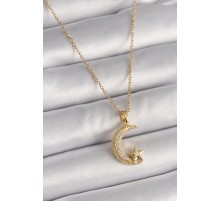316L Çelik Gold Renk Zincir Zirkon Taşlı Hilal Model Yıldız Detay Kadın Kolye - TJ-BKO9654