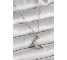 316L Çelik Gümüş Renk Zincir Zirkon Taşlı Hilal Model Yıldız Detay Kadın Kolye - TJ-BKO9655