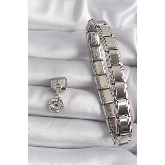 316L Çelik Gümüş Renk Sallantı Zirkon Taşlı Göz Model Nomination Charm - TJ-BC1157