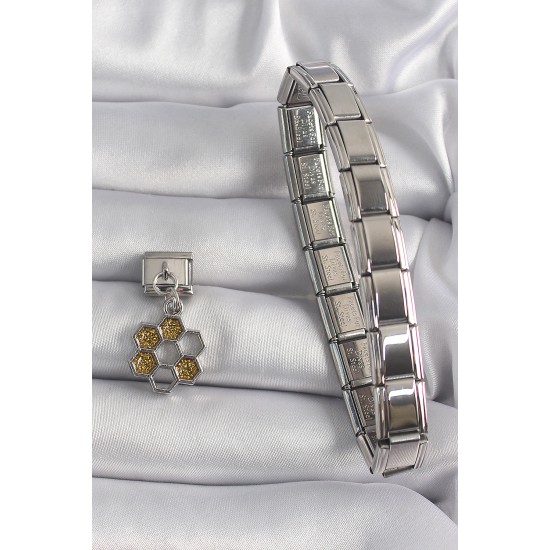 316L Çelik Gümüş Renk Sallantı Simli Bal Beteği Model Nomination Charm - TJ-BC1158