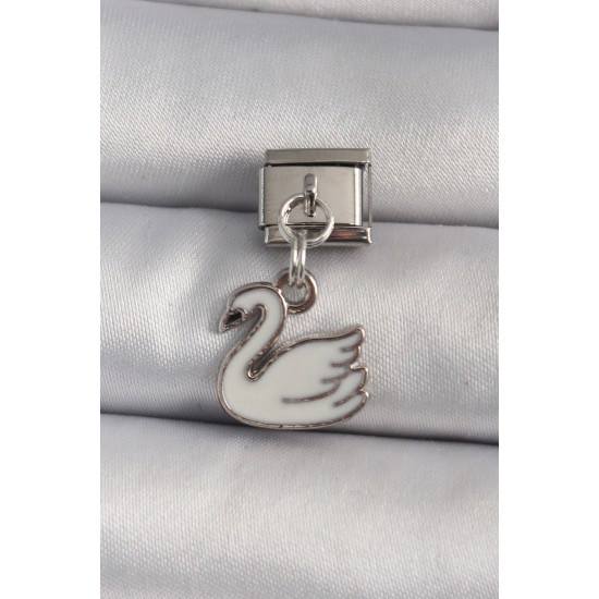 316L Çelik Gümüş Renk Sallantı Beyaz Kuğu Model Nomination Charm - TJ-BC1160