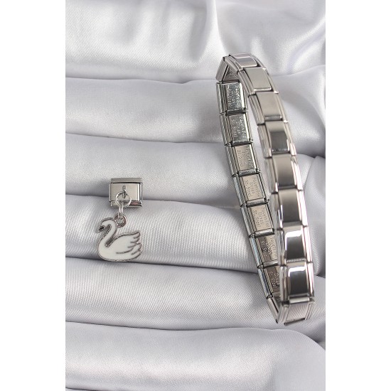 316L Çelik Gümüş Renk Sallantı Beyaz Kuğu Model Nomination Charm - TJ-BC1160