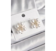 Pirinç Gold Renk Zirkon Taşlı İncili Kadın Küpe - TJ-BKP9947