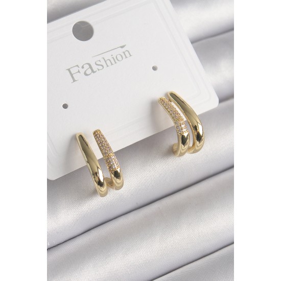 Pirinç Gold Renk Zirkon Taşlı 2'Li Model Kadın Küpe - TJ-BKP9953 Pirinç Gold Renk Zirkon Taşlı 2'Li Model Kadın Küpe - TJ-BKP9953