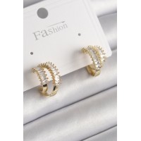 Pirinç Gold Renk 2'Li Zirkon Taşlı Halka Model Kadın Küpe - TJ-BKP9975