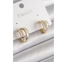 Pirinç Gold Renk 2'Li Zirkon Taşlı Halka Model Kadın Küpe - TJ-BKP9975