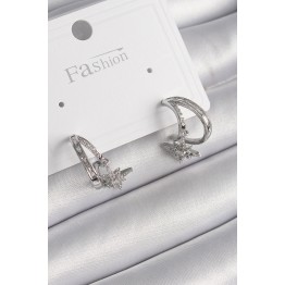 Pirinç Gümüş Renk Zirkon Taşlı Halka Model Sallantı Yıldız Detay Kadın Küpe TJ-BKP9990