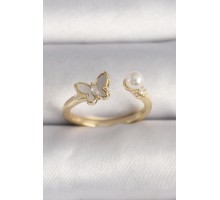 Pirinç Gold Renk Zirkon Taş Detaylı Beyaz Mineli Kelebek Model İnci Detay Ayarlanabilir Yüzük - TJ-BYK3523