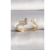 Pirinç Gold Renk Zirkon Taş Detaylı Beyaz Mineli Kelebek Model İnci Detay Ayarlanabilir Yüzük - TJ-BYK3523