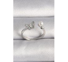 Pirinç Gümüş Renk Zirkon Taş Detaylı Beyaz Mineli Kelebek Figür İnci Detay Ayarlanabilir Yüzük - TJ-BYK3524