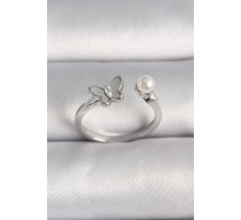 Pirinç Gümüş Renk Zirkon Taş Detaylı Beyaz Mineli Kelebek Figür İnci Detay Ayarlanabilir Yüzük - TJ-BYK3524