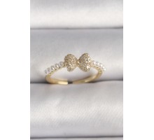 Pirinç Gold Renk Zirkon Taşlı Fiyonk İnci Detay Ayarlanabilir Yüzük - TJ-BYK3525