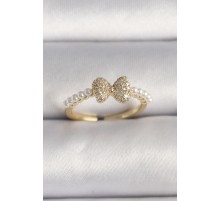 Pirinç Gold Renk Zirkon Taşlı Fiyonk İnci Detay Ayarlanabilir Yüzük - TJ-BYK3525