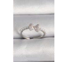 Pirinç Gümüş Renk Zirkon Taşlı Fiyonk İnci Detay Ayarlanabilir Yüzük - TJ-BYK3526