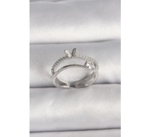 Pirinç Gümüş Renk Zirkon Taşlı Kelebek Figürlü Ayarlanabilir Yüzük - TJ-BYK3528