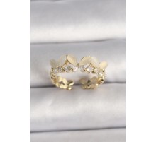 Pirinç Gold Renk Zirkon Taş Detaylı Beyaz Mineli Kelebek Model Ayarlanabilir Yüzük - TJ-BYK3529