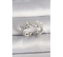 Pirinç Gümüş Renk Zirkon Taşlı Beyaz Mineli Kelebek Model Ayarlanabilir Yüzük - TJ-BYK3530