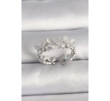 Pirinç Gümüş Renk Zirkon Taşlı Beyaz Mineli Kelebek Model Ayarlanabilir Yüzük - TJ-BYK3530