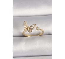 Pirinç Gold Renk Zirkon Taşlı Kelebek Model İnci Detay Ayarlanabilir Yüzük - TJ-BYK3533