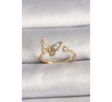 Pirinç Gold Renk Zirkon Taşlı Kelebek Model İnci Detay Ayarlanabilir Yüzük - TJ-BYK3533