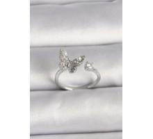 Pirinç Gümüş Renk Zirkon Taşlı Kelebek Model İnci Detay Ayarlanabilir Yüzük - TJ-BYK3534