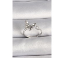 Pirinç Gümüş Renk Zirkon Taşlı Kelebek Model İnci Detay Ayarlanabilir Yüzük - TJ-BYK3534