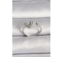 Pirinç Gümüş Renk Beyaz Mineli İnci Detaylı Kalp Model Ayarlanabilir Yüzük - TJ-BYK3536