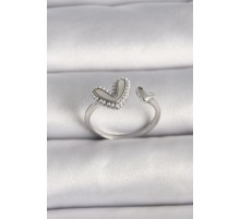 Pirinç Gümüş Renk Beyaz Mineli İnci Detaylı Kalp Model Ayarlanabilir Yüzük - TJ-BYK3536