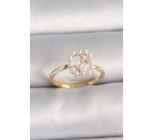 Pirinç Gold Renk Zirkon Taş Detaylı İncili Ayarlanabilir Yüzük - TJ-BYK3541