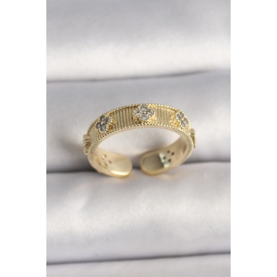 Pirinç Gold Renk Zirkon Taşlı Yonca İşlemeli Ayarlanabilir Yüzük - TJ-BYK3545