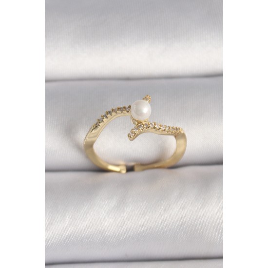 Pirinç Gold Renk Zirkon Taşlı İncili Ayarlanabilir Yüzük - TJ-BYK3547