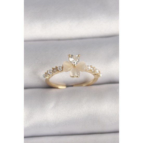 Pirinç Gümüş Renk Zirkon Taşlı Beyaz Mineli Yonca Model İnci Detay Ayarlanabilir Yüzük - TJ-BYK3551