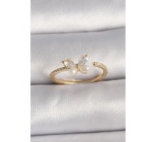 Pirinç Gold Renk Zirkon Taşlı Kelebek Mode İnci Detay Ayarlanabilir Yüzük - TJ-BYK3557
