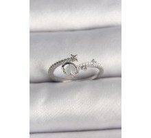 Pirinç Gümüş Renk Zirkon Taşlı Beyaz Mineli Yıldız Detay Ayarlanabilir Kadın Yüzük - TJ-BYK3570