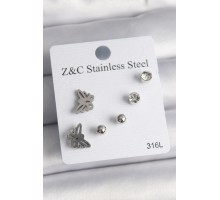 316L Çelik Gümüş Renk Zirkon Taşlı Kelebek Model Kadın Küpe Seti - TJ-BKP10008