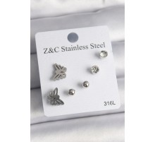 316L Çelik Gümüş Renk Zirkon Taşlı Kelebek Model Kadın Küpe Seti - TJ-BKP10008