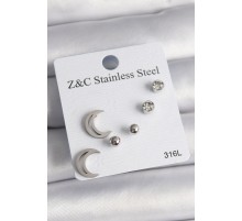 316L Çelik Gümüş Renk Zirkon Taşlı Hilal Model Kadın Küpe Seti - TJ-BKP10010