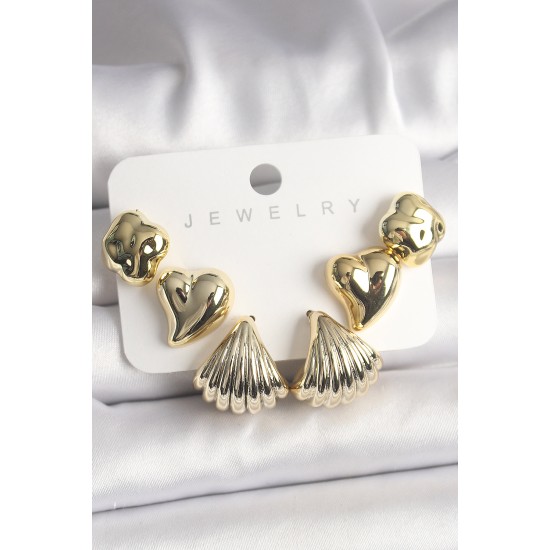 Gold Renk Yonca Kalp Deniz Kabuğu Figür CCB Kadın Küpe Seti - TJ-BKP10022