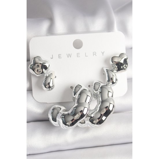 Gümüş Renk Yonca Damla Halka Model CCB Plastik Kadın Küpe Seti - TJ-BKP10027