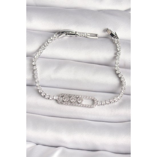 Pirinç Gümüş Renk Su Yolu Zirkon Taşlı Messika Model Kadın Bileklik - TJ-BB6628