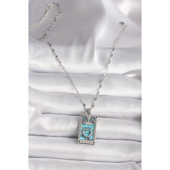 316L Çelik Gümüş Renk Pembe Zirkon Taşlı Taç Kalp Portre Model Kadın Kole - TJ-BKO9669