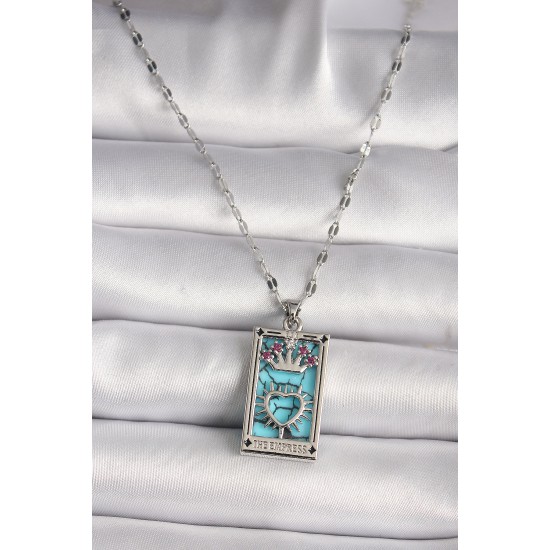 316L Çelik Gümüş Renk Pembe Zirkon Taşlı Taç Kalp Portre Model Kadın Kole - TJ-BKO9669