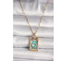 316L Gold Renk Pembe Zirkon Taşlı Taç Kalp Portre Model Kadın Kolye - TJ-BKO9670