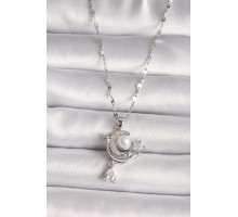 316L Çelik Gümüş Renk Zirkon Taşlı Ay Yıldız Sallantı Detay Kadın Kolye - TJ-BKO9671