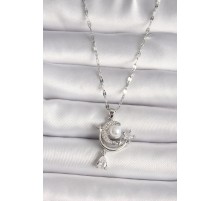 316L Çelik Gümüş Renk Zirkon Taşlı Ay Yıldız Sallantı Detay Kadın Kolye - TJ-BKO9671