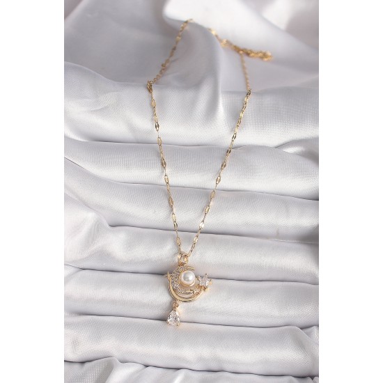 316L Gold Renk Zirkon Taşlı Ay Yıldız Model Sallantı Detay Kadın Kolye - TJ-BKO9672